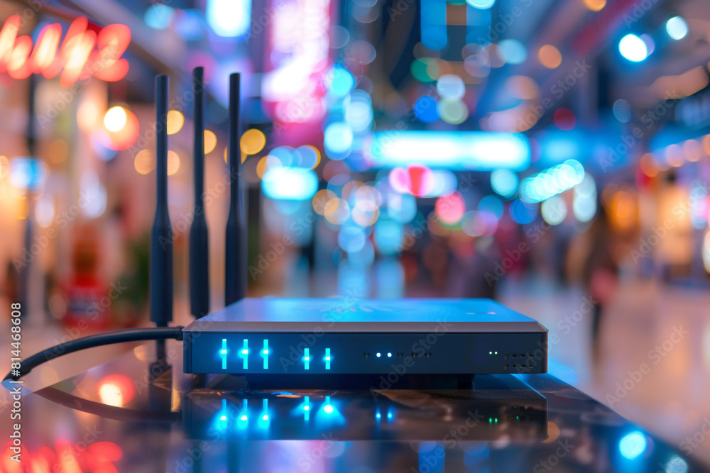 Poster a modern 5g router providing high-speed wireless internet connection in a public area, enabling fast
