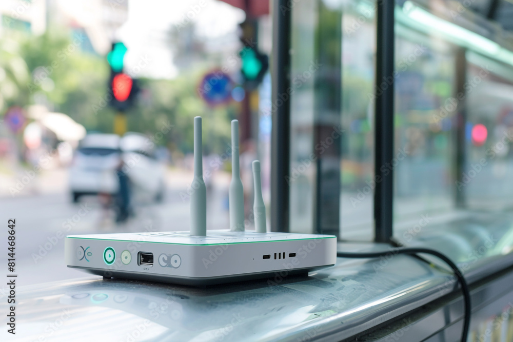Poster a modern 5g router providing high-speed wireless internet connection in a public area, enabling fast