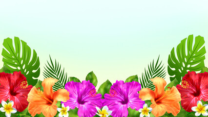 ハイビスカスのフレーム背景　素材　枠　モンステラ　ヤシ　飾り枠　夏休み　バカンス　南国　観光　さわやか　おしゃれ　華やか　暑中お見舞い　16:9