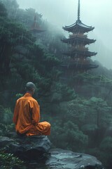 Monk meditating on a rock in the rain, rear view, forested background with pagoda, misty soft lighting