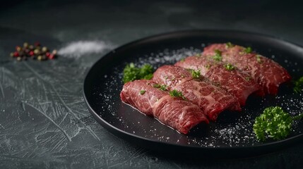 Sliced raw marbled beef on a dark plate garnished with parsley
