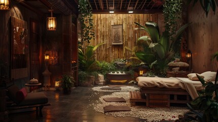 A serene indoor scene where a woman receives a bamboo massage in a spa decorated with Asian influences.