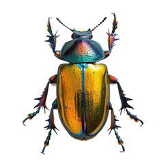 A striking image of a colorful beetle, its iridescent shell shimmering with hues of blue, orange, and gold transparent background, PNG