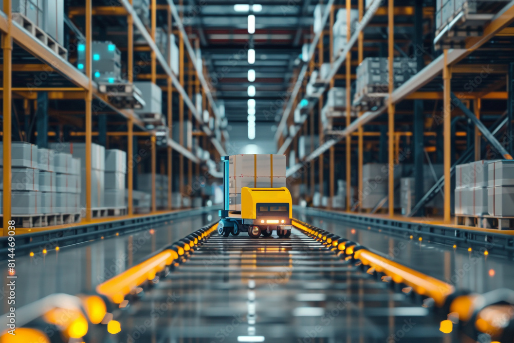 Poster a modern automated warehouse showcasing the pinnacle of streamlined efficiency with advanced technol