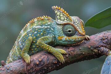 Obraz premium Jackson's Chameleon: Resting on a branch with horn-like protrusions and distinctive coloration.