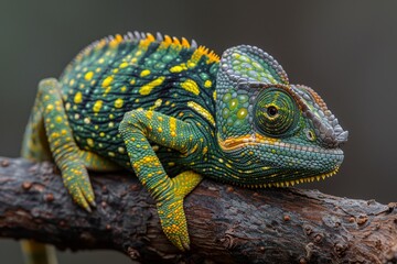Obraz premium Jackson's Chameleon: Resting on a branch with horn-like protrusions and distinctive coloration.