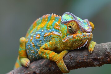 Obraz premium Jackson's Chameleon: Resting on a branch with horn-like protrusions and distinctive coloration.