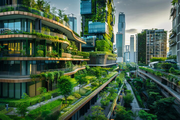 A modern cityscape showcasing sustainable urban development, featuring buildings with eco-friendly green rooftops, verdant pavement gardens, and renewable energy solutions  