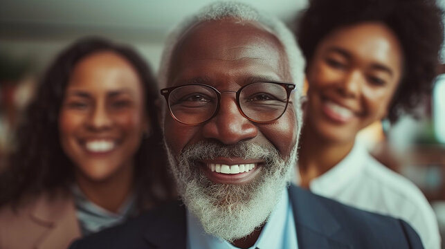 Happy elderly man with white beard smiling in a family selfie with daughters.