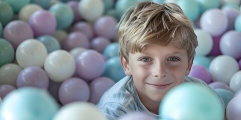 Naklejka premium A Happy Boy Having Fun in a Ball Pit at a Birthday Celebration. Concept Birthday Celebration, Ball Pit, Happy Boy, Fun Activities, Joyful Moments