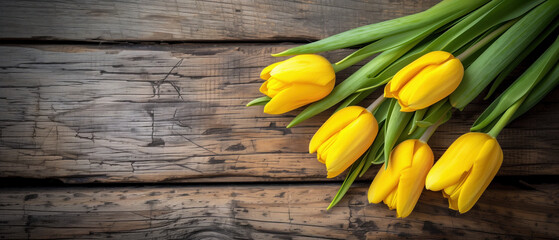 Yellow tulips on rustic wooden background for springtime decoration.