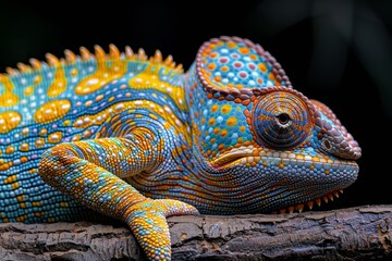 Fototapeta premium Jackson's Chameleon: Resting on a branch with horn-like protrusions and distinctive coloration.