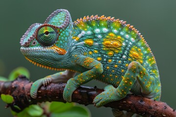 Obraz premium Jackson's Chameleon: Resting on a branch with horn-like protrusions and distinctive coloration.