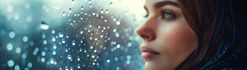 Pensive Woman Gazes Out Rainy Window Lost in Thoughtful Contemplation of Emotions and Expressions