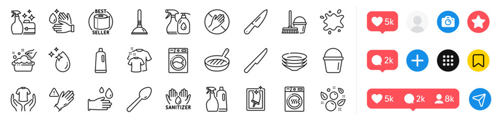 Plunger, Hand washing and Table knife line icons pack. Social media icons. Bucket, Wash hands, Toilet paper web icon. Washing machine, Dishes, Shampoo and spray pictogram. Vector