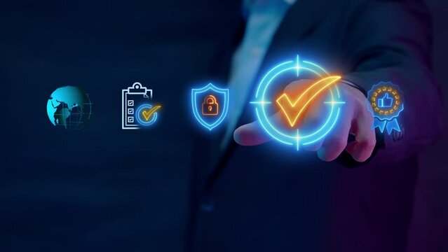 Certified guarantee approval or secure access system concept, Quality assurance of business service. Businessman showing identity proofing icon for the security protection system on virtual screen.