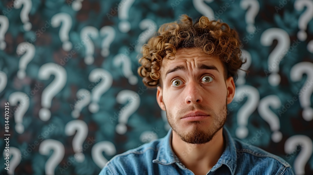 Poster puzzled and questioning expression on a thoughtful man s face against abstract conceptual background