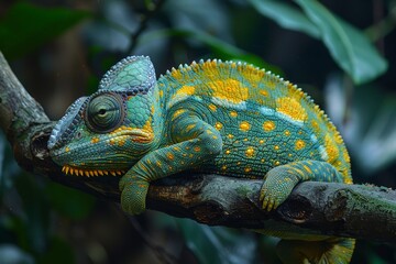Jackson's Chameleon: Resting on a branch with horn-like protrusions and distinctive coloration.