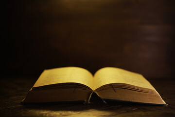 Opened old blank book. Retro things. Historical atmosphere. Vintage english style. Evidence searching concept. Empty place for text.