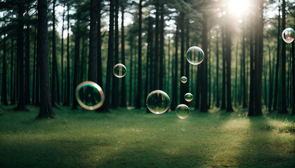 O2 bubbles in the middle of a lush forest are a metaphor for the purifying processes of air through nature. plants absorb carbon dioxide and release oxygen into the air. oxygen release concept