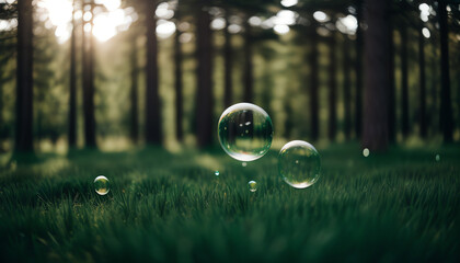 O2 bubbles in the middle of a lush forest are a metaphor for the purifying processes of air through nature. plants absorb carbon dioxide and release oxygen into the air. oxygen release concept