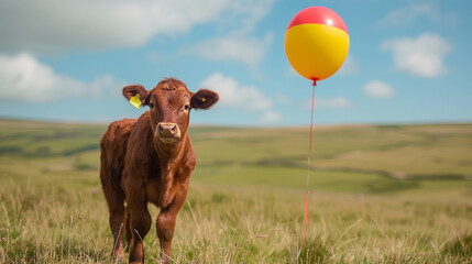 Brown cow in the meadow standing by red and yellow balloon. Beautiful landscape in the background. Animal photography concept.