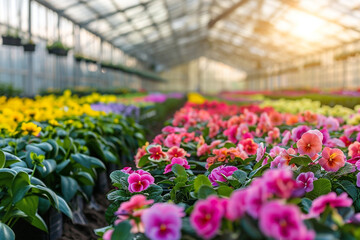 A modern greenhouse horticulture concept showcasing the efficient cultivation of vibrant flowers, representing a thriving floral agriculture business  