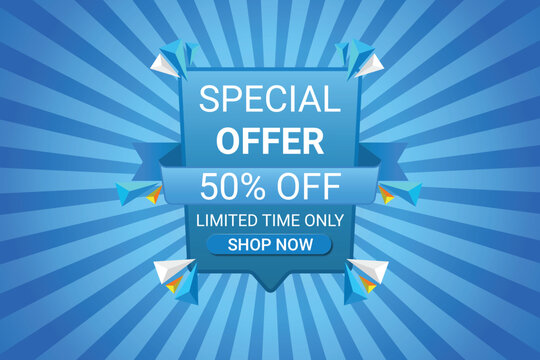 Special offer 50% Off, Limited time only banner of Poster, vector illustration editable design with shop now button and sunburst background
