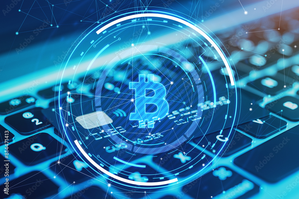 Poster close up of laptop keyboard and bank card with glowing round bitcoin hologram with polygonal mesh an