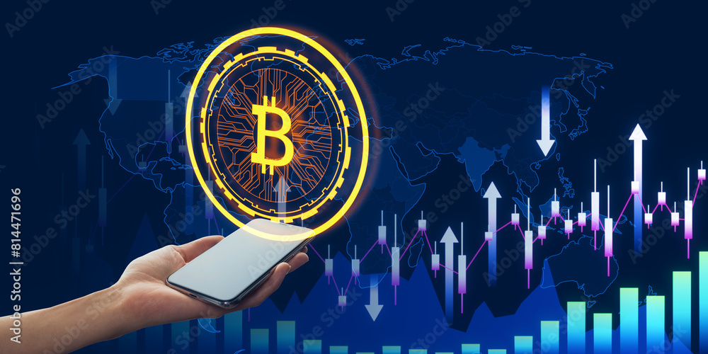 Poster close up of female hand holding mobile phone with creative glowing digital bitcoin on dark tech back