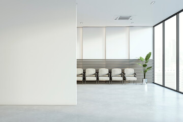 Contemporary waiting area with stylish chairs against a textured wall backdrop, enhanced with natural lighting. 3D Render