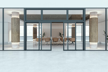 Modern glass meeting room interior with window and city view. Boarding room concept. 3D Rendering.