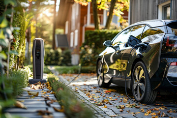 A modern private electric vehicle (EV) charging station installed at a residential home, featuring a dedicated power unit for convenient domestic plugin and charging of electric cars 