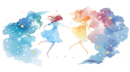 Fototapeta premium Whimsical Fantasy Girl Dancing Amidst Ethereal Clouds and Starry Skies