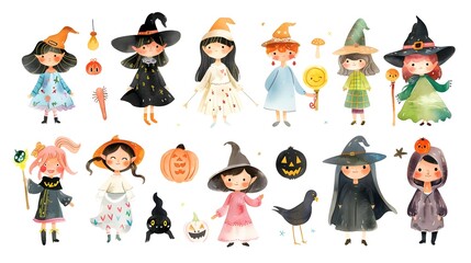 Colorful of Whimsical Halloween Witches and Supernatural Characters