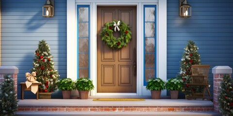 
Inviting home banner showcasing a close-up of a front door adorned with a festive wreath and a welcoming doormat, against a backdrop of lush greenery and a clear blue sky, inviting potential buyers t