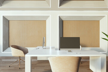 Modern spacious stylish wooden and concrete coworking office interior. 3D Rendering.
