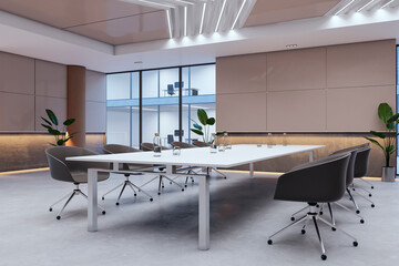 Clean glass meeting room interior with creative ceiling. 3D Rendering.