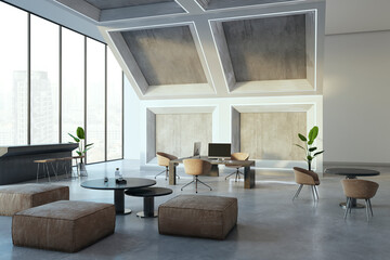 Light spacious stylish wooden and concrete coworking office interior with panoramic window and daylight. 3D Rendering.