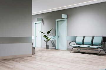 Sleek clinic waiting area with contemporary seating and striking geometric accents, enhanced by natural light. 3D Render