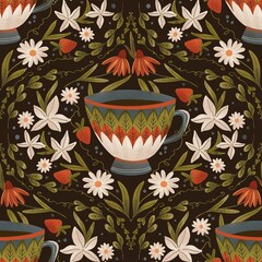 Seamless pattern on the theme of tea and herbs. Decorative background with hand-drawn herbs. Suitable for wrapping paper, fabric.
