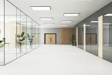 Modern office hallway interior with wooden, glass and concrete elements. 3D Rendering.