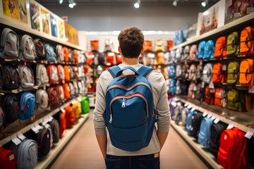 A male student trying on a new backpack in a store, eagerly anticipating the start of the Back to School season