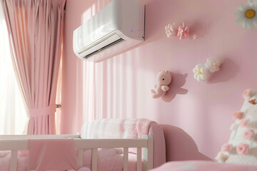 A modern, energy-efficient air conditioner mounted on a pastel-colored wall in a cozy baby bedroom, ensuring optimal climate control for a comfortable and safe kids room environment  