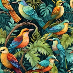 Obraz premium a seamless pattern featuring intricately tropical birds and lush jungle foliage.