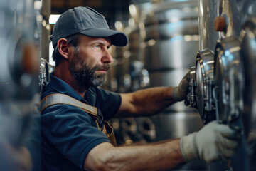 Focused winemaker in a blue cap and apron working with stainless steel fermentation tanks.