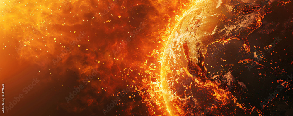 Poster a dramatic visual of the earth engulfed in flames and intense heat, set against a minimal background