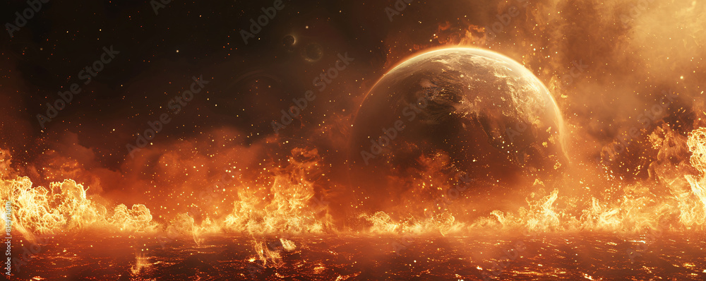 Poster a dramatic visual of the earth engulfed in flames and intense heat, set against a minimal background