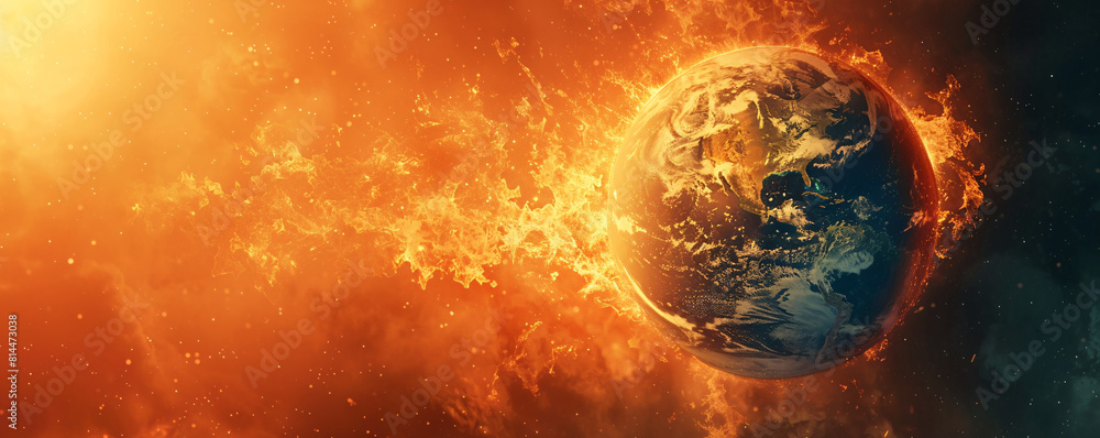 Poster a dramatic visual of the earth engulfed in flames and intense heat, set against a minimal background