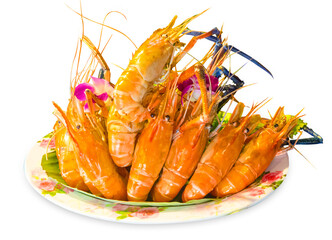 Top view of grilled river prawns or shrimps - seafood style, focus selective
